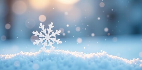 A single snowflake gently falling in the air on a white background, serene atmosphere, tranquility, frost