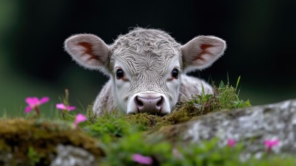 Obraz premium Cute calf peeking from behind rocks, surrounded by wildflowers