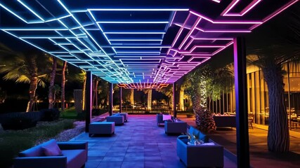 Rows of sleek LED tubes forming a geometric canopy, adding a modern touch to an upscale cocktail party - Powered by Adobe