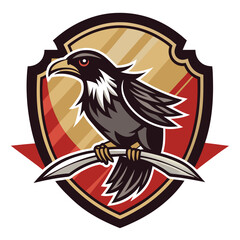 Obraz premium Vintage Wood Label Featuring a Raven Standing Majestically on a Sword