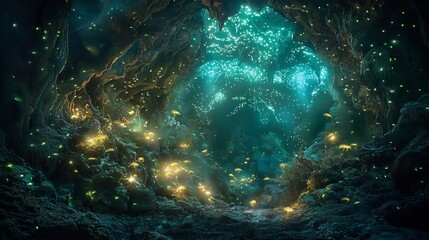 Fototapeta premium Mystical bioluminescent cave featuring glowworms cave salamanders blind cave fish giant isopods and subterranean bats ethereal fantasy photography