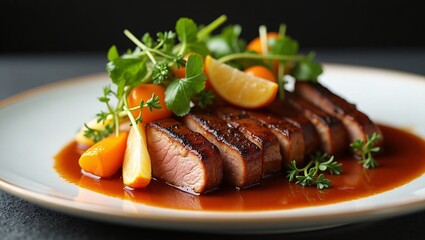 Gourmet Glazed Pork Belly with Seasonal Vegetables and Rich Sauce on a Fine Dining Plate