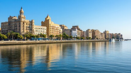 Obraz premium Picturesque Waterfront in Valencia, Spain: A Sunny Day's Reflection