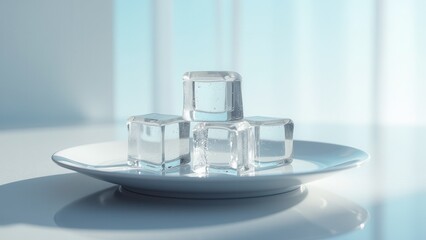 Three melting ice cubes on a white plate with water under a soft sky background	
