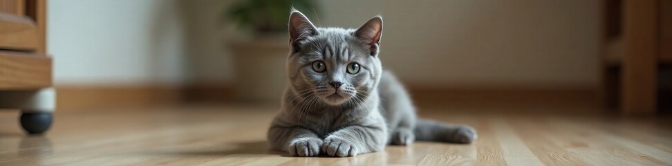 A relaxed gray cat lying on wooden floor, enjoying its calm indoor environment.