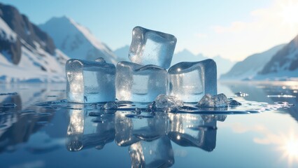 Three ice cubes melting on a reflective icy surface with snowy mountains in sunlight	