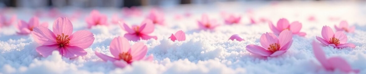 Delicate flower petals scattered on a snow-covered ground, Spring Blooms, Pink Flowers