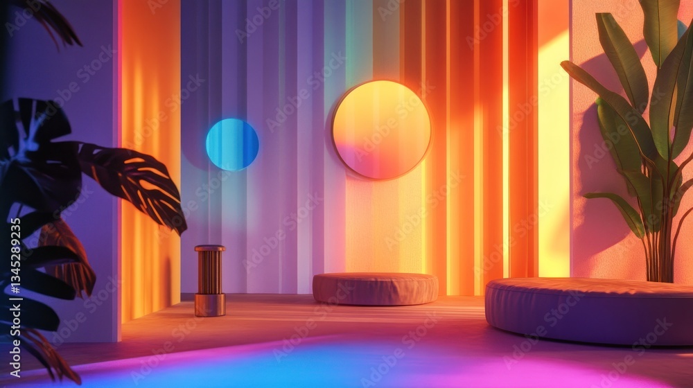 Poster a colorful, artistic set with moving visual projections