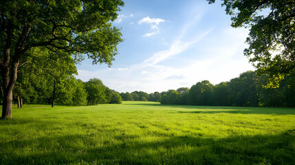 Fototapeta premium Green Park Scene with Lush Grass and Trees Under Blue Sky with Sunlight and Shadows