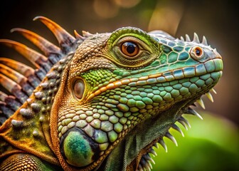 Fototapeta premium Close-up of Iguana Spikes, Reptile Detail, Green Lizard Texture, Scaly Skin, Wild Animal