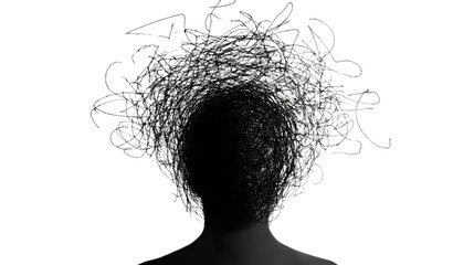 Silhouette of person experiencing anxiety and stress with tangled thoughts on transparent background