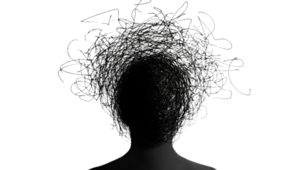 Silhouette of person experiencing anxiety and stress with tangled thoughts on transparent background