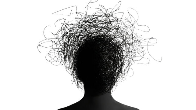 Silhouette of person experiencing anxiety and stress with tangled thoughts on transparent background