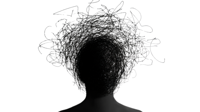 Silhouette of person experiencing anxiety and stress with tangled thoughts on transparent background