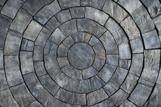Intricate circular pattern of textured stone paving.