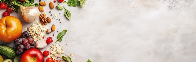 Assorted fresh fruits and nuts on a rustic white background.