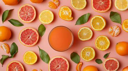 Vibrant Citrus Fruits And Juice On Pink Background