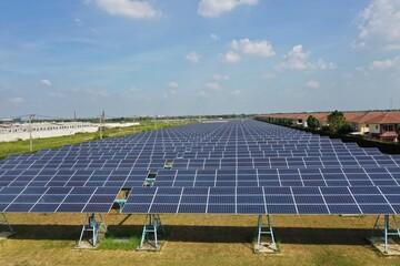 Solar Farm (solar cell) on sunny day background with electric power generation in agricultural area . Renewable green alternative energy. Power plant.Solar photovoltaic rows array ground mount system