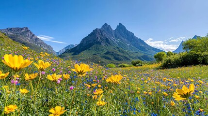 Fototapeta premium Vibrant Wildflower Meadow Against Majestic Mountains Under a Sunny Sky