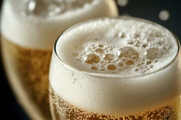 Two refreshing glasses filled with cold golden ale, showcasing frothy white head and effervescent bubbles