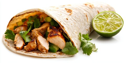 Delicious Chicken Burrito Wrapped in Tortilla with Lime Slice