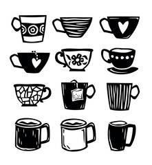 Collection of cute hand drawn mugs and cups in vintage woodcut style. Tea and coffee elements, isolated. Vector illustration