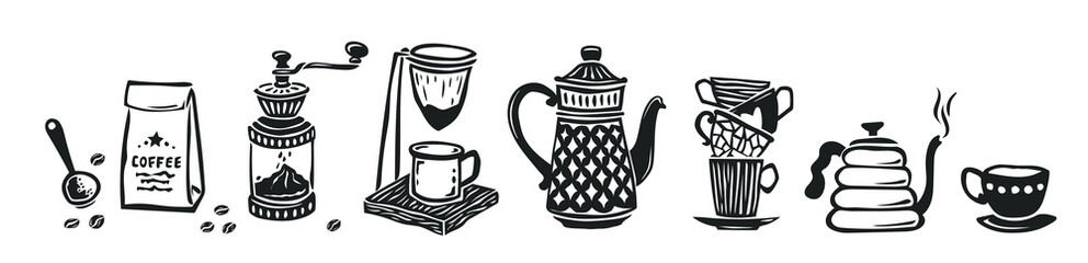 Collection of coffee making elements. Grinder, strainer, jugs, teapots, cups, spoons and mugs. Vector illustration. Hand drawn in doodle style.