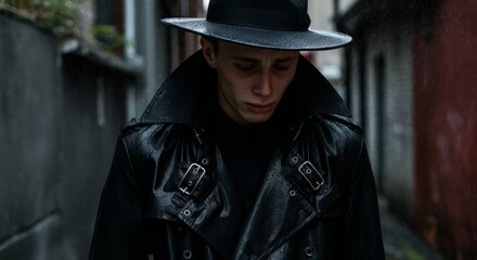 Young caucasian male in black trench coat and hat in rainy narrow alley