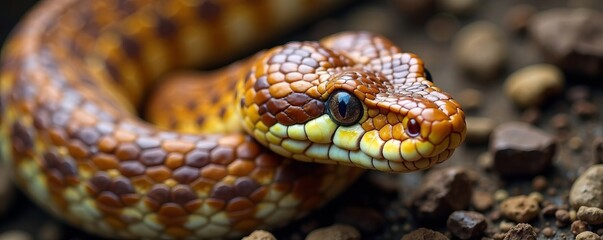 Fototapeta premium Close-up of a vibrant, patterned snake resting on the ground with natural textures.