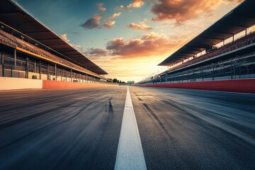 Empty racetrack under a dramatic sunset sky.