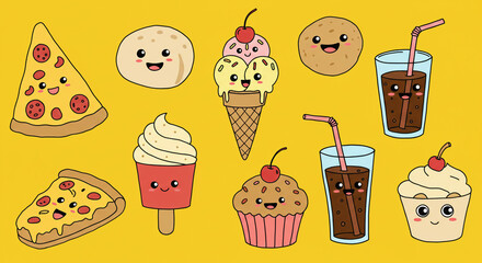Adorable happy food characters enjoying a cheerful picnic with bright yellow background and simple line art style.