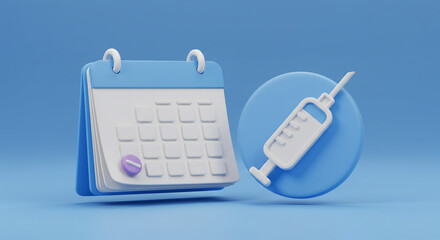 Remember your health appointments: a calendar and syringe emphasize timely healthcare in a calming blue 3D design.