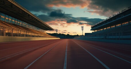 Empty race track under a dramatic sunset sky.