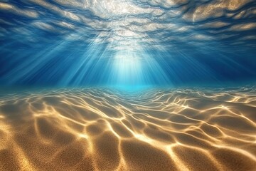 Sunlight filtering through clear ocean waters onto sandy sea floor.