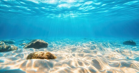 Naklejka premium Sunlight dances on a serene underwater sandy floor.