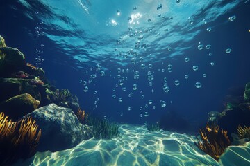 Obraz premium Serene underwater scene with bubbles and sunlit coral reefs.