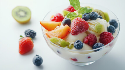 Delicious ice cream served with fresh fruit on a clean white background