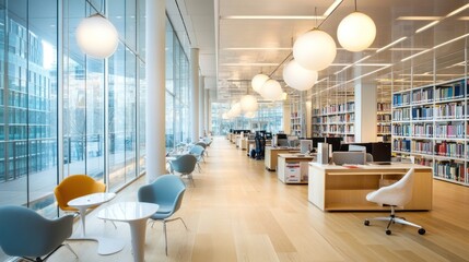 Modern library interior with study areas and bookshelves, showcasing minimalist design