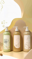 A high-quality mockup featuring organic shampoo bottles with a sleek, eco-friendly design. Perfect for sustainable beauty brands and cosmetic product presentations. 