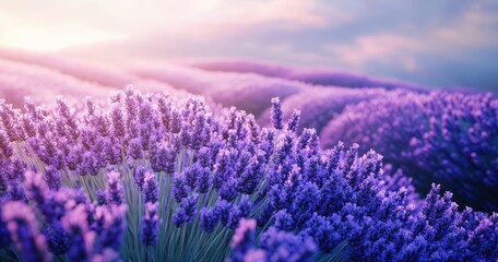 Obraz premium Vast lavender field bathed in serene sunset glow