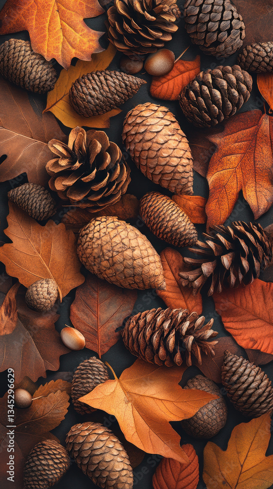 Poster a close up of a pile of pine cones and leaves. the pine cones are scattered throughout the pile of l