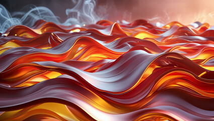 Fototapeta premium An abstract 3D render of multiple intertwined, fluid molten waves forming a flowing, organic pattern. The ribbons have a glass-like liquid texture with smooth reflections and refractions.