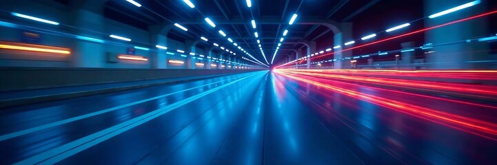 Fototapeta premium Dynamic motion of lights reflecting in a tunnel during a high-speed journey.