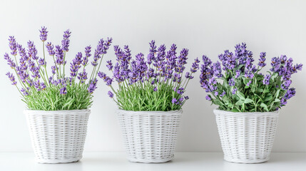 Elegant lavender flower arrangements in white wicker baskets, showcasing a refined display against a clean white background