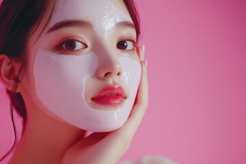 Asian Woman with Pink Facial Mask for Skin Care Beauty Treatment on Pink Background