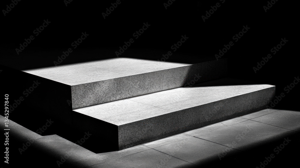 Poster a black and white photo of a staircase with a shadow cast on it. concept of stillness and quietness,