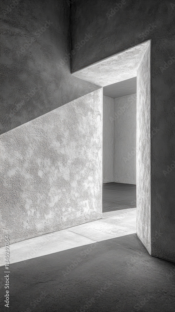 Poster a large open doorway with a shadow on the wall. the doorway is the only source of light in the room