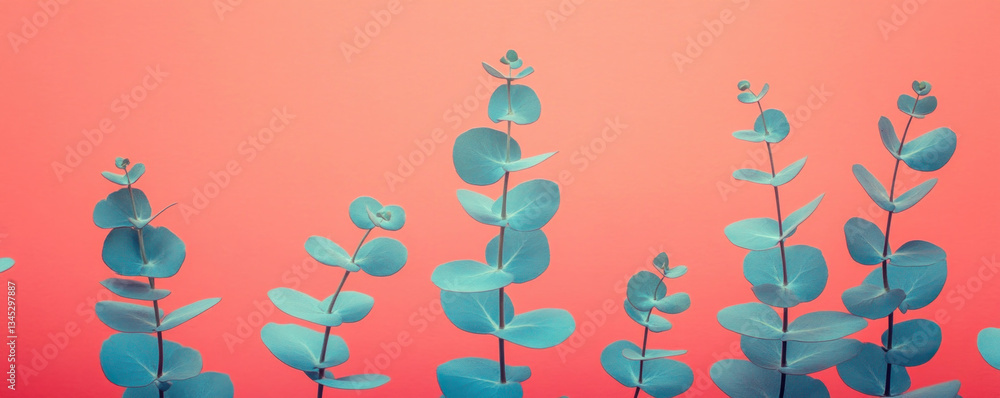 Poster a row of green leaves are arranged in a row on a pink background. the leaves are all the same size a
