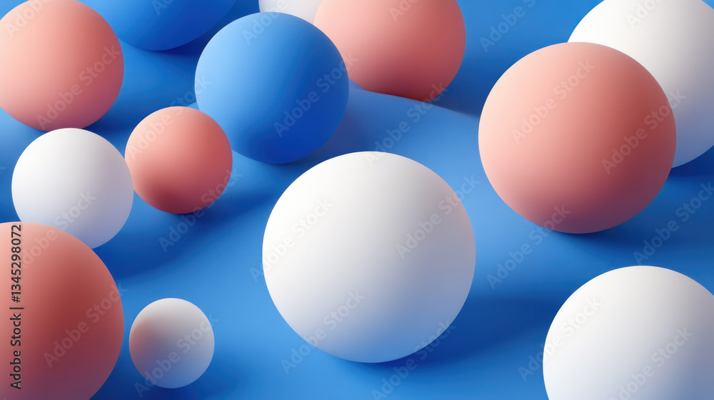 Poster a blue background with a bunch of white and red balls. the balls are of different sizes and are scat