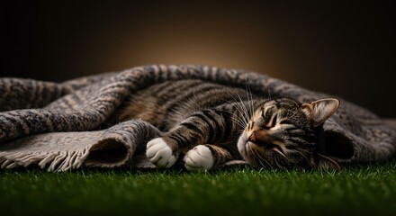 Obraz premium Sleeping tabby cat on green grass covered with a cozy blanket